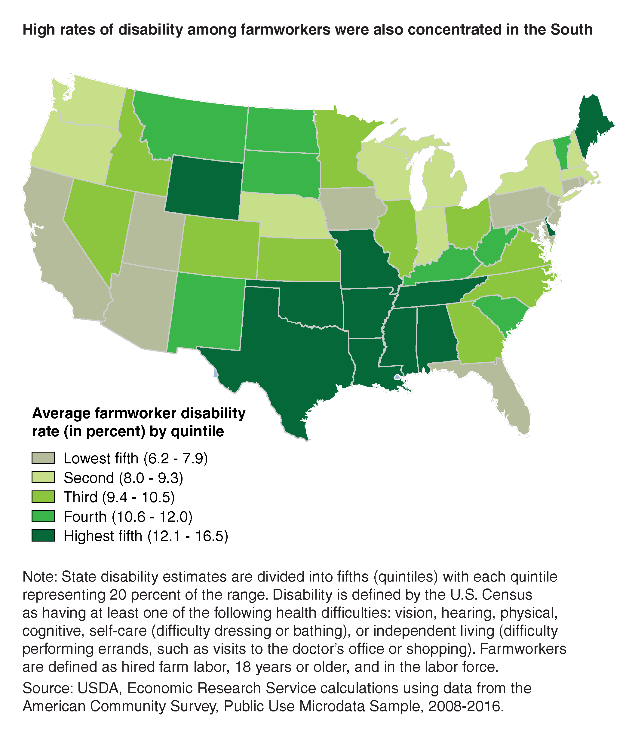 Map shows disability rates among U.S. farmworkers were concentrated in the South.