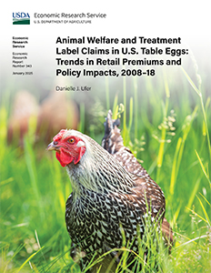 This is the cover image for the Animal Welfare and Treatment Label Claims in U.S. Table Eggs: Trends in Retail Premiums and Policy Impacts, 2008–18 report.