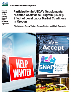 Collage of three photos: a woman placing a "Help Wanted" sign in a window, a window sign showing "We Accept SNAP" (Supplemental Nutrition Assistance Program), and the top of two shopping carts.