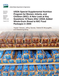 Photo of a supermarket shelf filled with loaves of "Soft 100% Whole Wheat" bread above shelves filled with loaves of "White Whole Grain" bread.