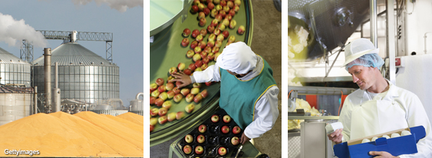 Photo collage of an ethanol plant, apple processing factory, and butter factory