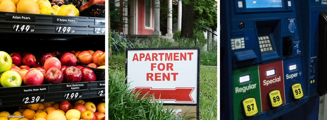 Photo collage of apples, an apartment sign for rent, and gas pumps