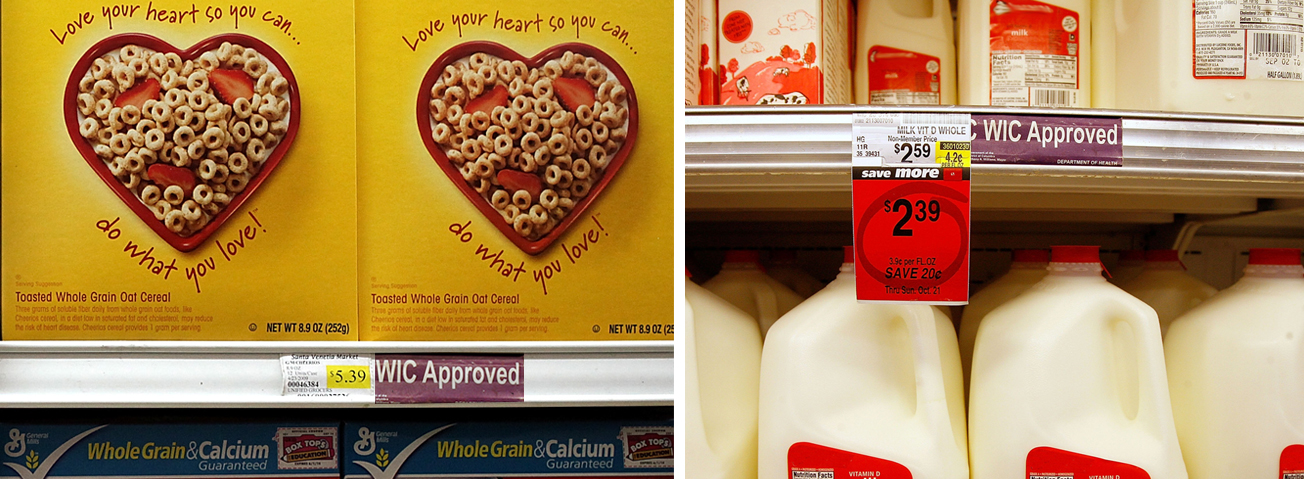 Boxes of cereal and gallons of milk in grocery store