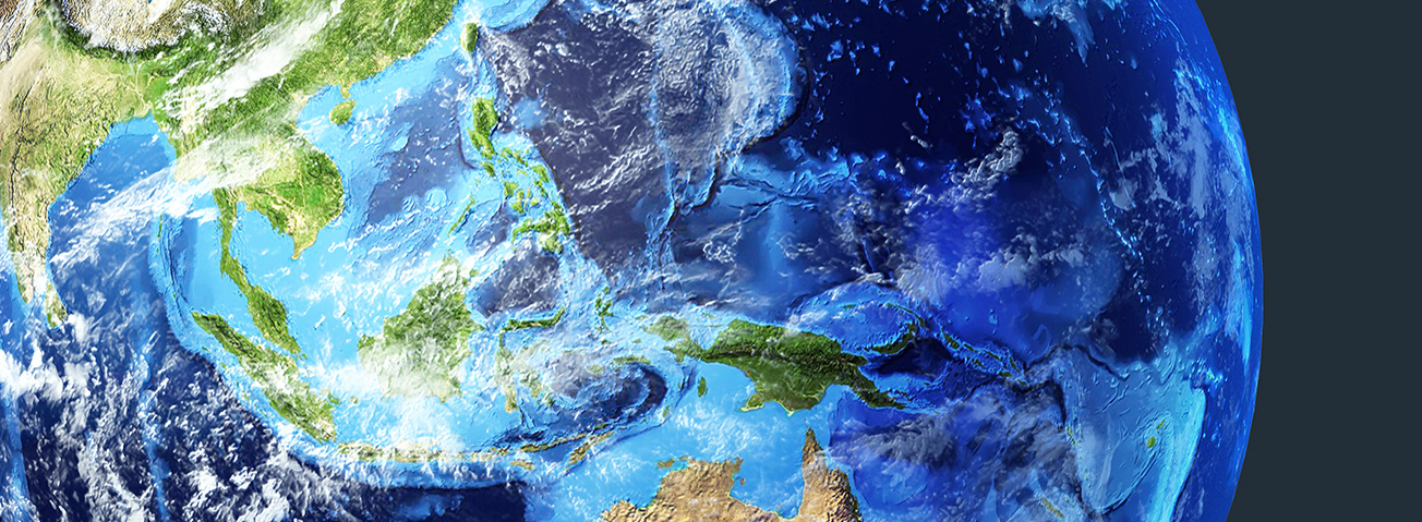 Satellite image showing the nations of Southeast Asia on a globe.