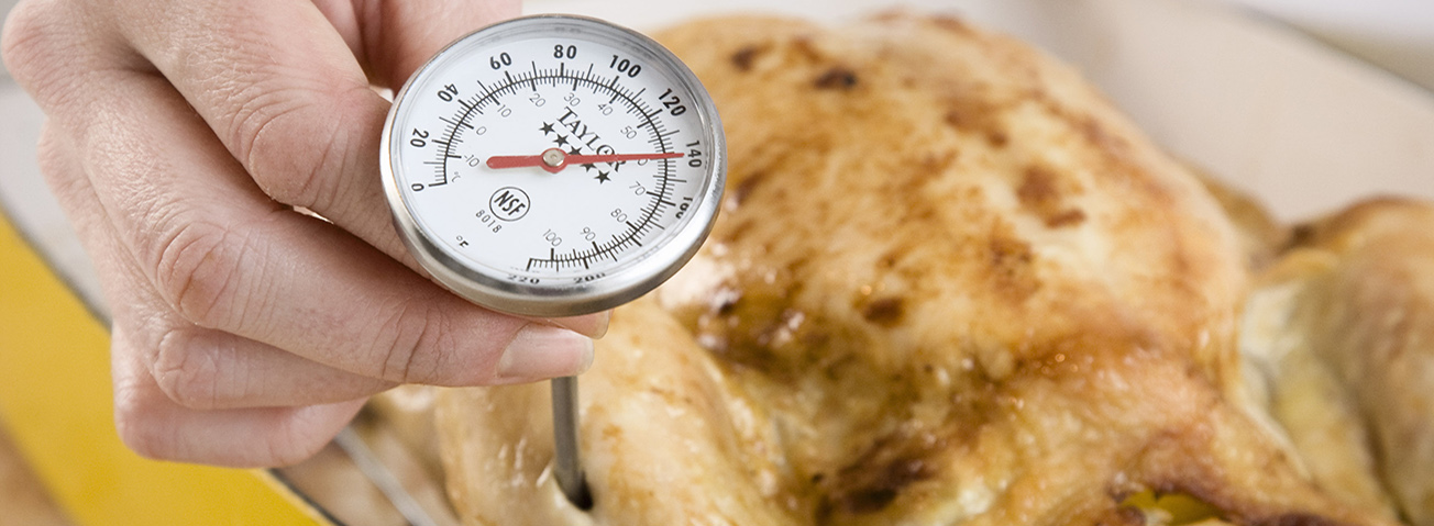 Closeup of a meat thermometer in baked poultry.