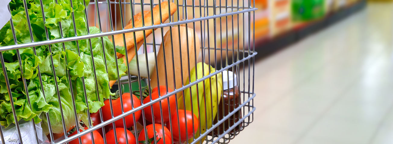 Closeup of cart with groceries inside