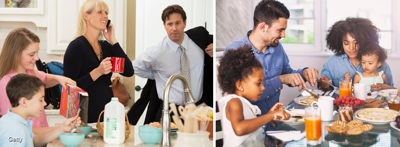 Photo 1: Family breakfast scene, children eating but mom and dad skipping; Photo 2: Family sitting down and having breakfast