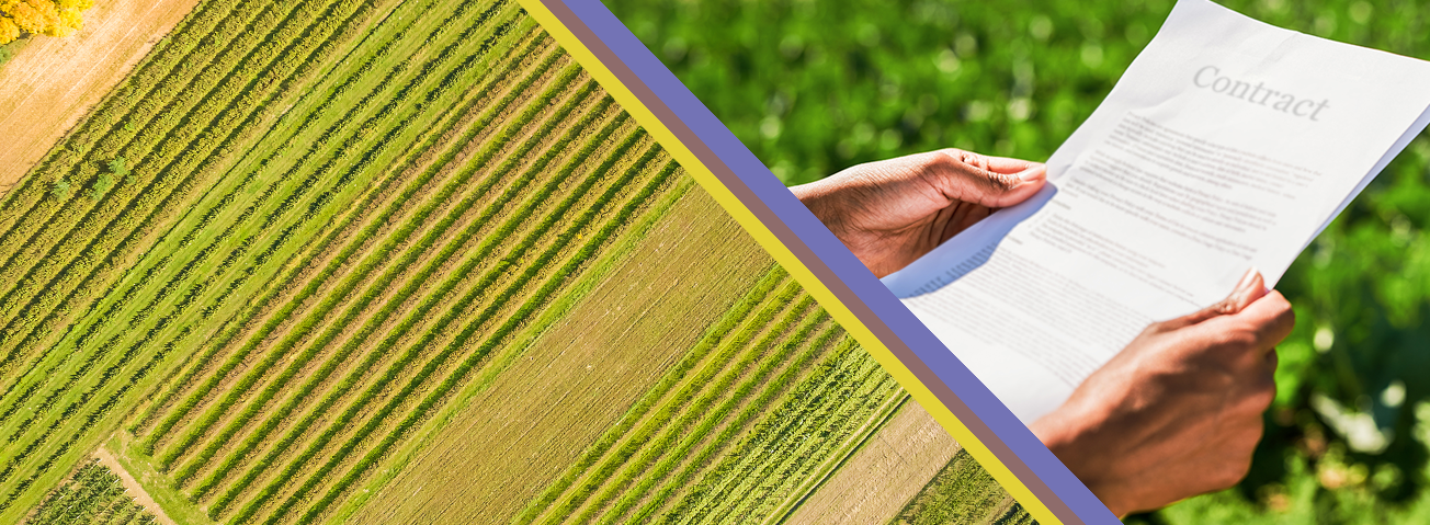 Dual image of aerial shot of field and hands holding a contract