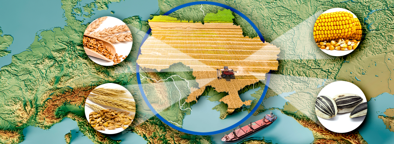 Graphic map of Ukraine with images of wheat, barley, corn, and sunflower seeds.