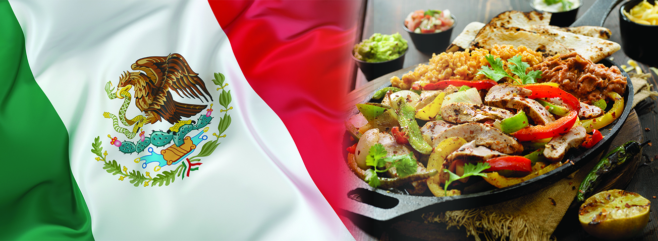 Photo illustration depicting Mexico's flag and a platter of Mexican food.