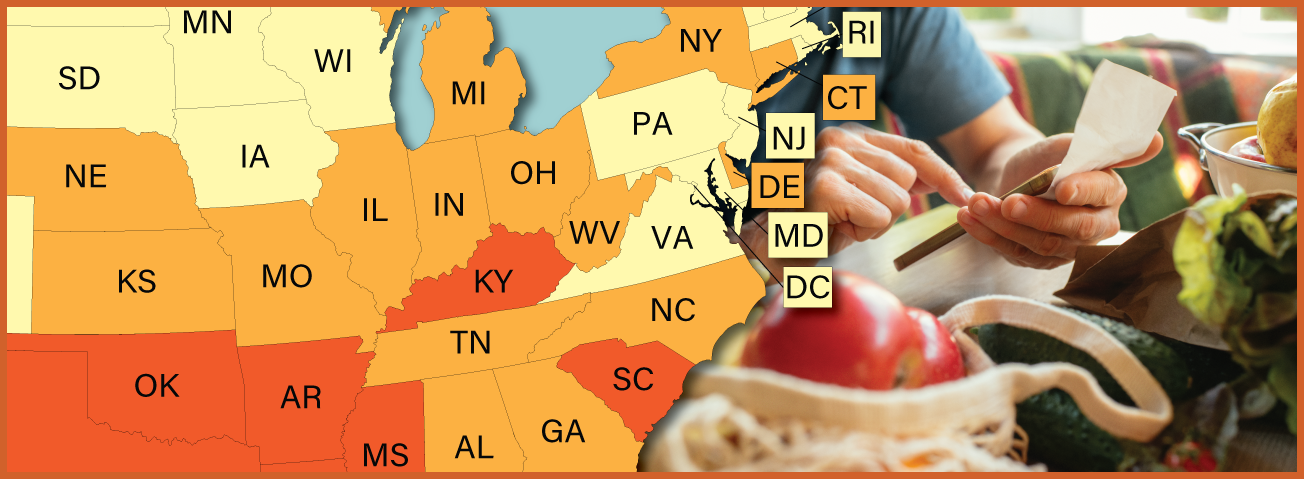 Graphic illustration showing a partial map of the United States and a person reading a food receipt.