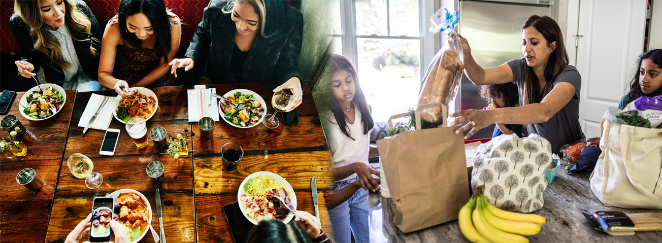 Photo collage of a group of women dining at a table and a family putting groceries away.