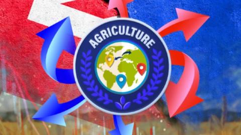 Arrows and a map of the world with the word "Agriculture" on it representing global trade with the United Kingdom and European Union flags in the background.