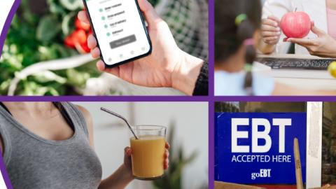 Photos showing people holding, shopping for, or consuming fruits and vegetables.