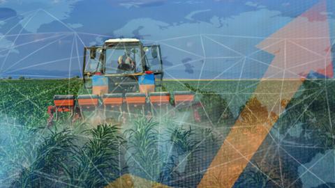 Tractor applying fertilizer in a field with the globe floating above it and other images representing markets.
