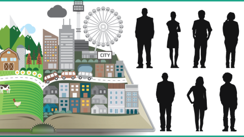 Graphic of an open book with a rural setting on the left page and a city setting on the right, with eleven human silhouettes standing off to the side.