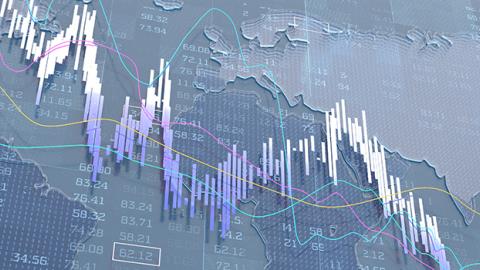 A global map overlaid with market trend lines and numerical data