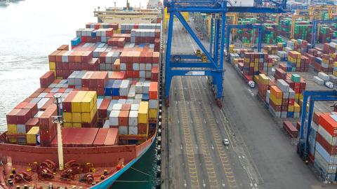 Container ship docked at port