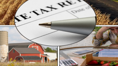 Five images showing farms, tax forms