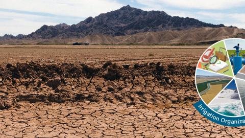 A picture of a dried-out farmland with the Irrigation Organization Series logo overlain on it. 