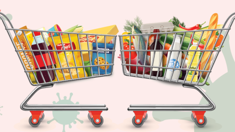 Two shopping carts loaded with groceries on a background depicting Coronavirus (COVID-19) 