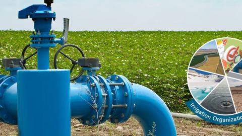 Photo illustration of a well and a crop field