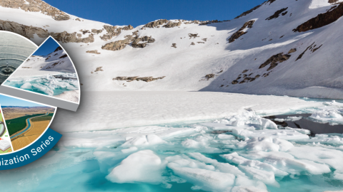 Background photo of snowy mountains and melting ice with six-wedge pie graphic in foreground depicting facets of irrigation.