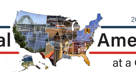 "Rural America at a Glance, 2023 Edition" banner with a U.S. map photo graphic depicting various U.S. landscapes.