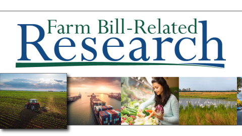 Farm Bill-related research banner collage of six photos depicting food production and distribution.