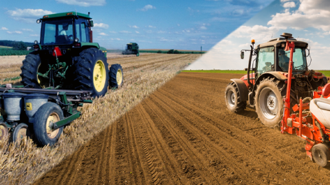 Photo illustration of combines in two farm fields, one field with a "For Rent" sign.