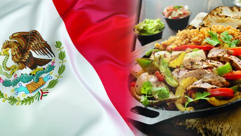 Photo illustration depicting Mexico's flag and a platter of Mexican food.