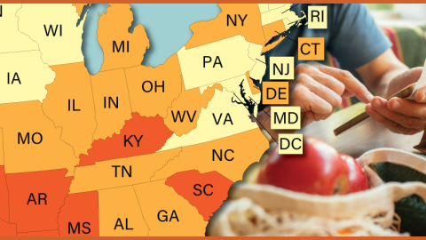 Graphic illustration showing a partial map of the United States and a person reading a food receipt.