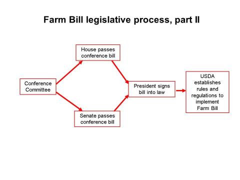 Flow chart showing the development of the second half of the U.S. Farm Bill. The flow chart concludes with the USDA establishing rules and regulations to implement the Farm Bill.