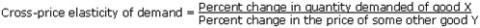 Equation: Cross-price elasticity of demand equals the percent change in quantity demanded of good X over the percent change in the price of some other good Y