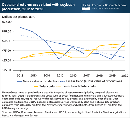 Costs of producing soybeans in the United States rise as returns fluctuate over time