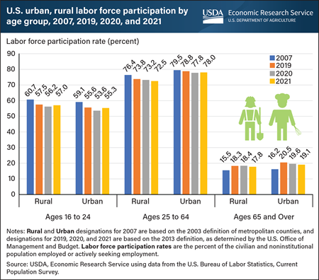 Labor force participation decreased less in rural areas than in urban areas at the onset of COVID-19 pandemic