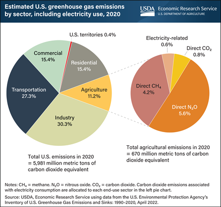 Agriculture, including electricity use, accounted for an estimated 11.2 percent of U.S. greenhouse gas emissions in 2020