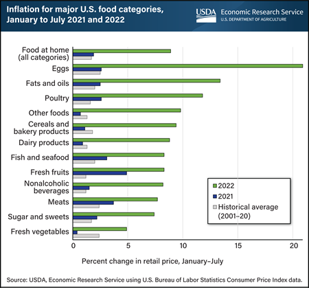 All food categories experienced higher inflation through July in 2022 compared with 2021