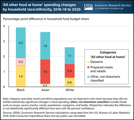 Food-at-home spending on desserts, prepared meals, and other unclassified items varied by race and ethnicity from 2016-19 to 2020