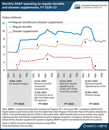 SNAP benefit spending varied from FY 2020 to FY 2023 with changes to maximum benefit amounts and emergency allotments