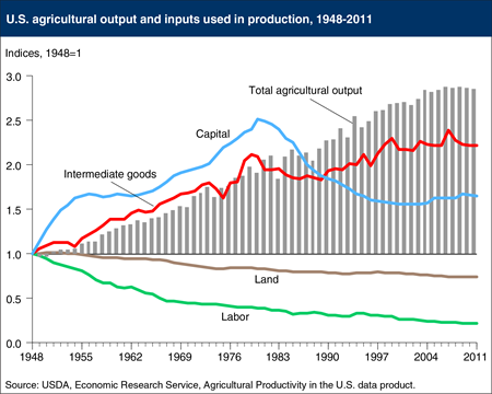 Labor and land inputs have fallen in U.S. agricultural production, use of intermediate goods has risen