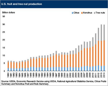 The value of U.S. fruit and tree nut production continues to grow