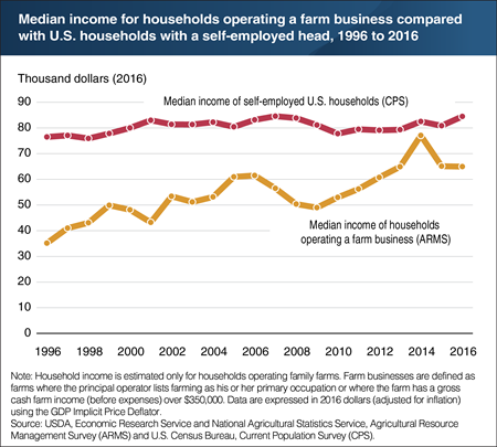 The median income of households operating farm businesses has risen over the past two decades, but remains below that of self-employed households