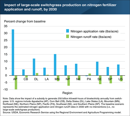Planting switchgrass would increase nitrogen fertilizer application, but reduce nitrogen runoff across the United States