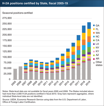 H-2A positions increased fivefold between fiscal 2005 and 2019