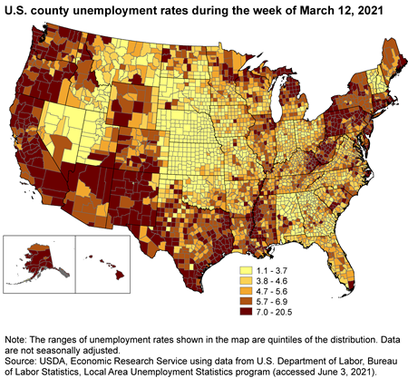 U.S. county unemployment rates during the week of March 12, 2021