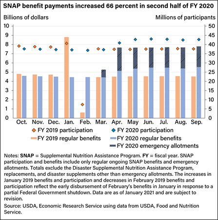 A bar chart showing Supplemental Nutrition Assistance (SNAP) benefit payments paid out monthly from October 2019 through September 2020, plus the number of participants in that time period.