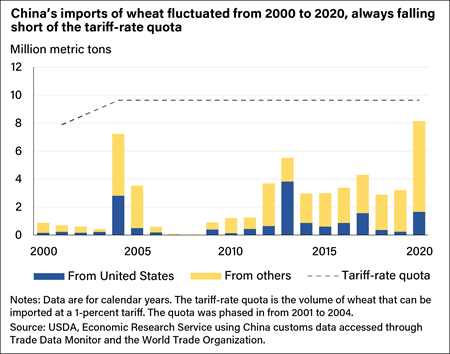 A stacked vertical bar chart showing how much wheat in million metric tons China imported from the United States and other countries from 2000 to 2020 compared to China’s tariff-rate quota.