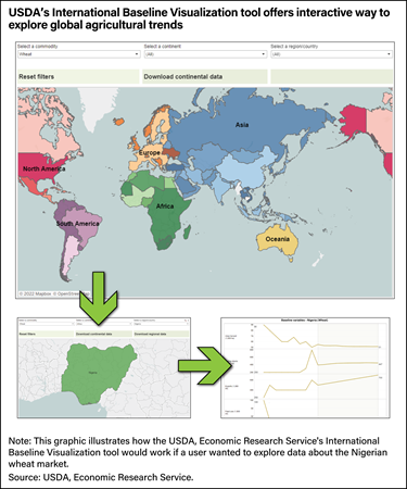 Maps and a line chart depicting an example of how the ERS International Baseline Visualization tool works for users.