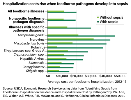 Horizontal bar chart showing the cost of all foodborne illnesses, as well as illnesses with selected pathogens with sepsis and without sepsis from 2012 to 2015.